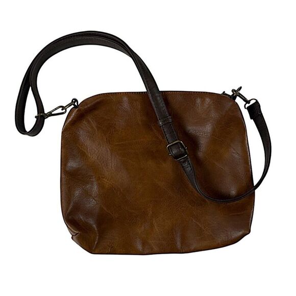 Liz Soto Brown Vegan Leather Crossbody Bag – Boho Chic, Minimalist 12"x10" - Picture 2 of 9